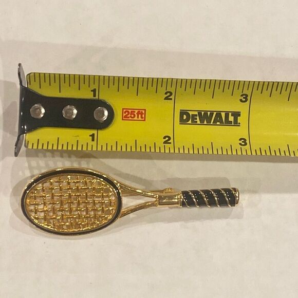 Tennis Racquet Brooch Pin Black and Gold Tone - Picture 4 of 6